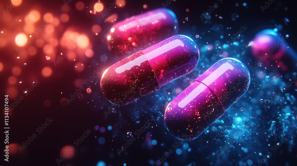 Poster three colorful capsules floating in a vibrant, abstract background with sparkling effects.