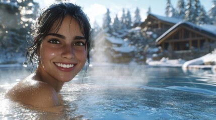 Obraz premium Smiling woman enjoying hot spring in snowy landscape