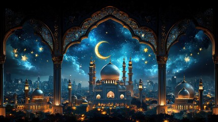 Obraz premium Majestic Night in Islamic Cityscape: Crescent Moon and Stars Over Illuminated Mosques