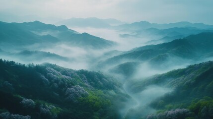 Misty mountain range with lush green valleys