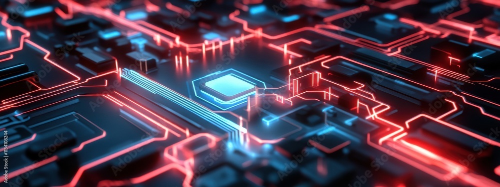 Poster abstract digital circuit board with glowing red and blue lines, modern technology background, futuri