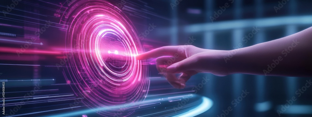 Poster futuristic hand interacting with digital interface, glowing circular patterns and bright light rays,
