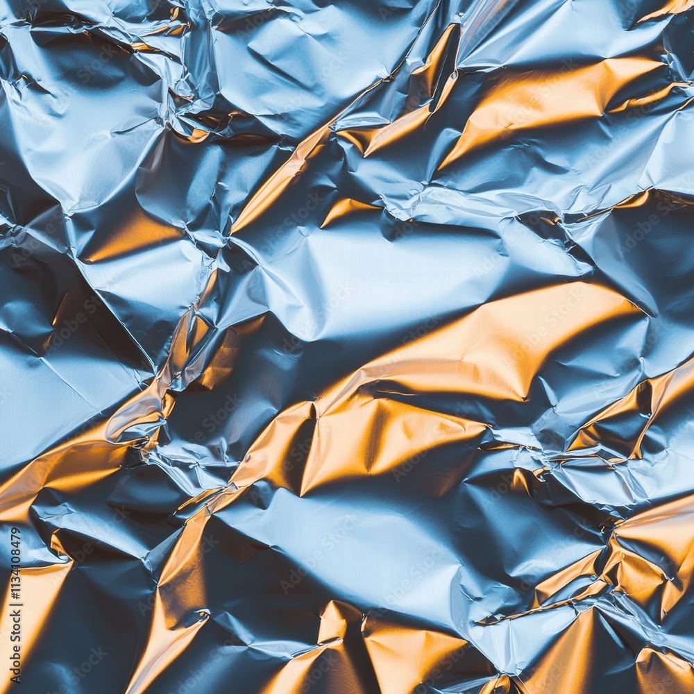 Aufkleber shiny metallic surface with a wrinkled texture and reflective tones of blue and gold, emphasizing a 
