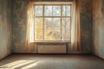 Obraz premium Sunlit room with peeling paint and old window. Perfect for depicting themes of abandonment, nostalgia, or decay.