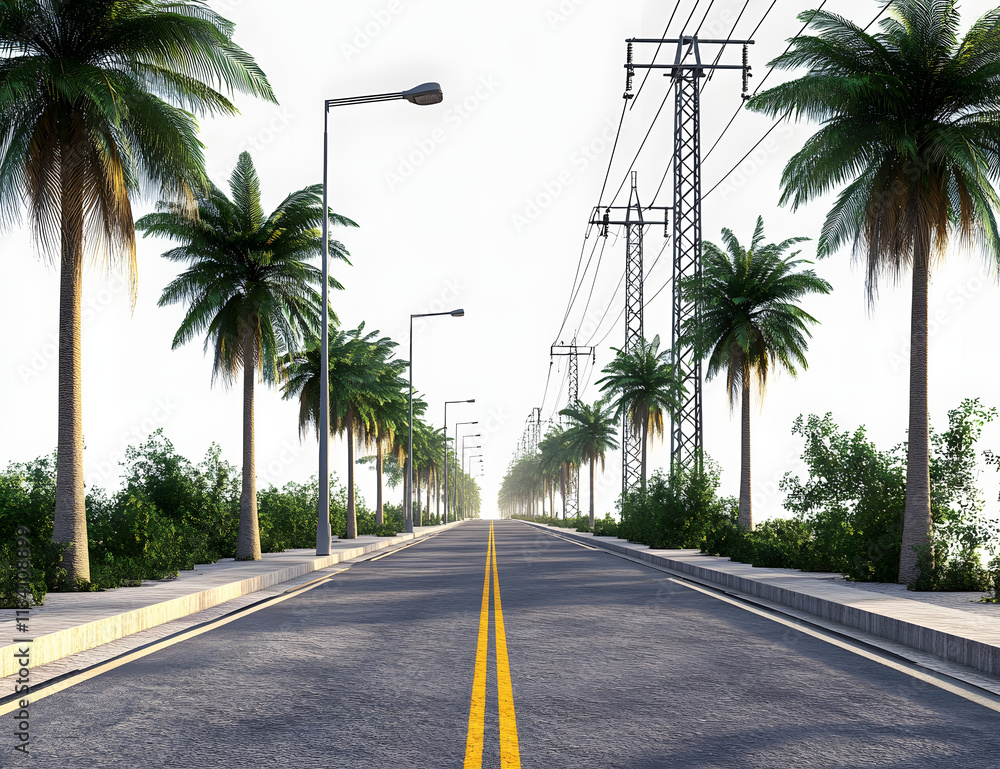 Poster 3d rendered urban road with palm trees on the side and electricity pillars as a backdrop with transp