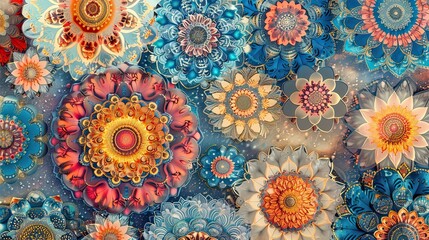 Ornamental mandala designs in vivid colors, featuring symmetrical floral patterns and intricate details.
