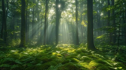 Obraz premium Peaceful woodland scene with vibrant green ferns and sunlight beaming through towering trees, creating a calm ambiance.
