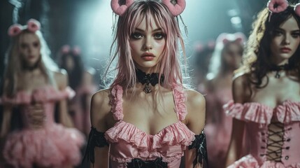 Fototapeta premium Women in pink costumes at a dramatic stage performance