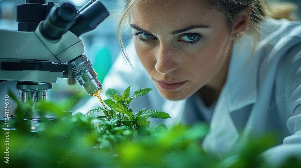 Poster a scientist examines plants under a microscope in a lab setting.