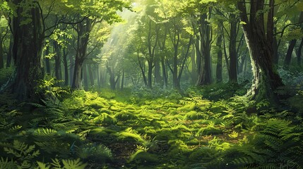 Obraz premium Lush green forest bathed in warm sunlight, creating a serene and calming natural environment.