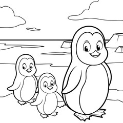 Adorable Penguin Family Coloring Page Arctic Ocean, Icebergs, Cute