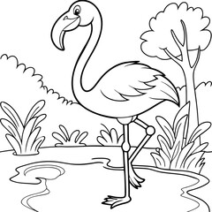 Cartoon Flamingo Coloring Page Wetland Bird Illustration