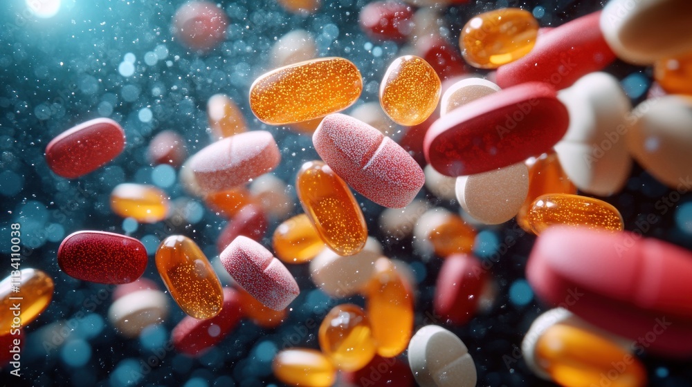Poster a dynamic display of various colorful pills and capsules in a vibrant, abstract setting.