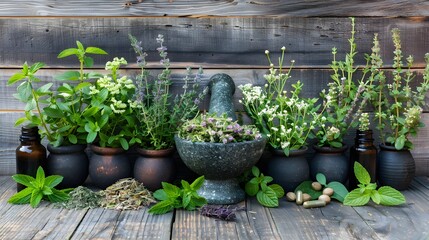 Assortment of fresh herbs in pots with mortar and pestle, essential oils, and dried herbs on wooden background.