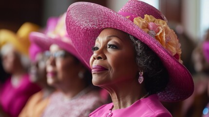 Smiling woman in a pink hat at a cultural celebration