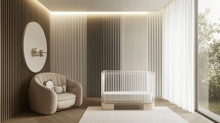 A modern acrylic crib with transparent sides, placed in a nursery with a monochrome color palette and wooden floors