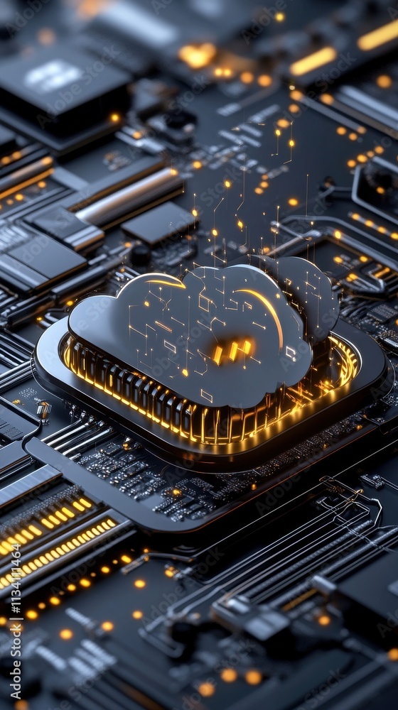 Poster futuristic digital cloud computing concept overlaid on a circuit board, representing data storage an