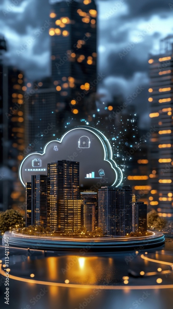Poster futuristic city skyline with glowing cloud icon representing cloud computing and secure data storage