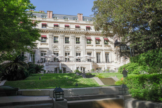 Buenos Aires, Argentina - 20 Nov, 2024: Architecture and gardens of the Park Hyatt Palacio Duhau hotel in Recoleta