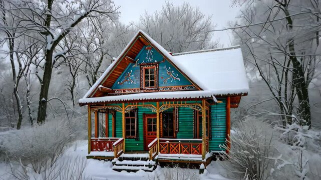 A small cabin stands in the middle of a forest covered in a thick blanket of snow, A traditional Russian dacha in winter