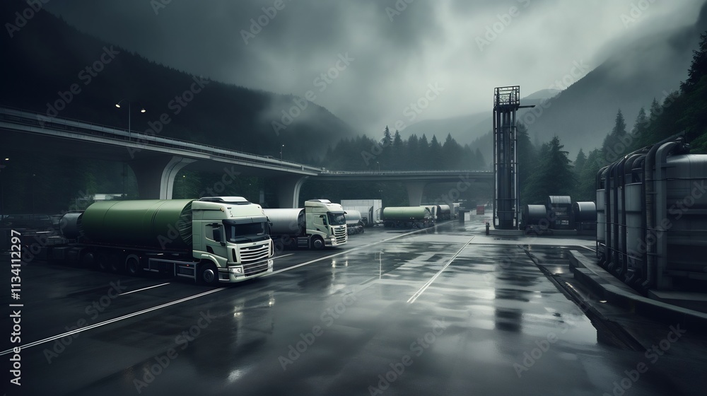 Poster cement production facility with multiple trucks lined up and waiting to be loaded with materials at 