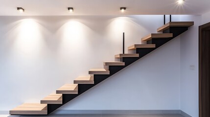 Simple floating staircase with wooden steps, black metal railings, and recessed lighting for effect.