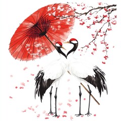 Obraz premium Two cranes under a red umbrella, symbolizing love and harmony in nature.