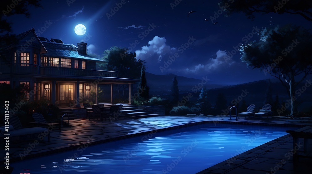 Poster captivating nighttime scene of a tranquil pool with mesmerizing underwater lighting that casts a ser