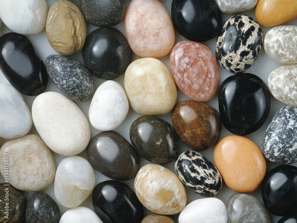 Poster smooth ocean pebbles collection a diverse array of colors and textures, soft warm lighting emphasize