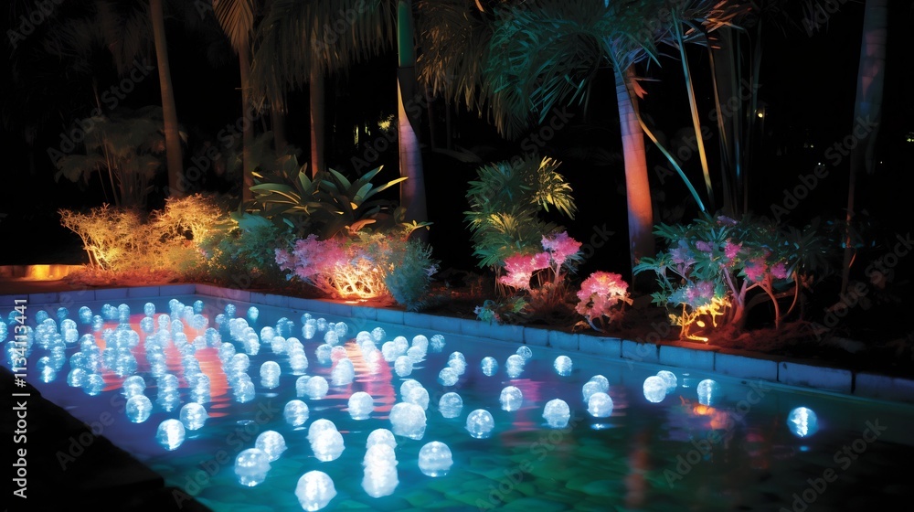 Poster captivating nighttime scene of a serene illuminated pool with glowing underwater lights casting a tr