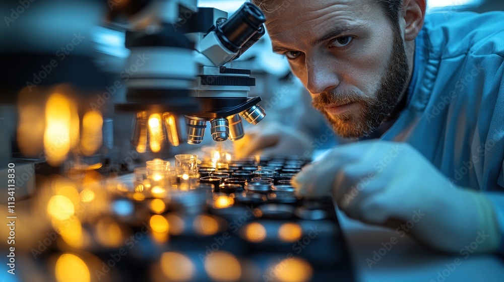 Aufkleber focused scientist using microscope in lab, examining samples.