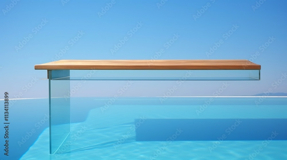 Poster minimalist and modern diving board overlooking a crystal clear swimming pool that perfectly reflects
