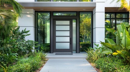 Stylish front door with frosted glass, complemented by large windows and abundant greenery.