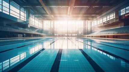 Overhead view of an Olympic size swimming pool with clear blue water and racing lanes designed for athletic competitions training and fitness activities