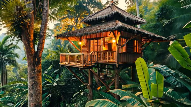 A tree house nestled among the lush foliage and dense vegetation of a jungle, providing a unique and adventurous retreat, A treehouse in a lush, tropical rainforest