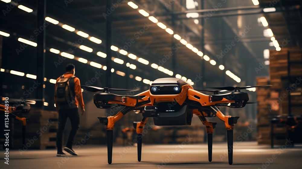Poster aerial drone inspecting inventory in a fully automated warehouse system for efficient logistics and 