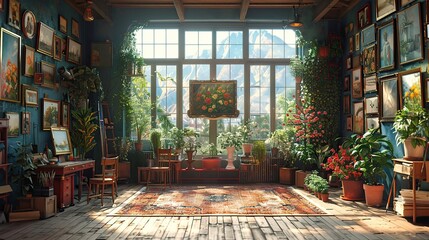 Obraz premium Lush studio interior with vibrant green plants and artistic elements.