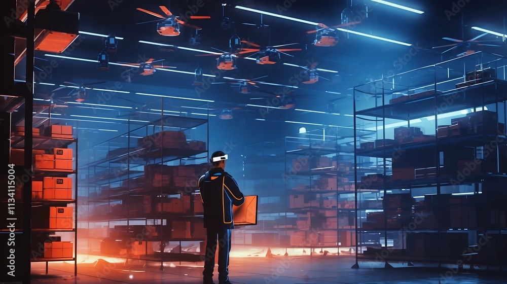 Poster drone hovering over fully automated warehouse system conducting inventory inspection for optimized s