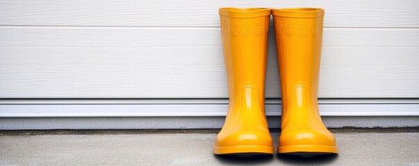 A pair of bright yellow rubber boots placed on a concrete surface near a white wall.