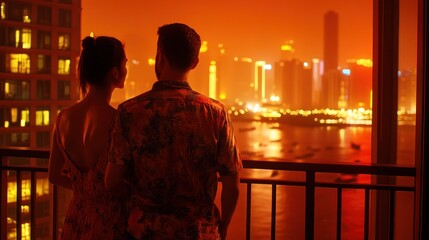 Obraz premium Romantic couple gazes at illuminated cityscape from balcony at night.