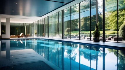 Obraz premium Serene and Sophisticated Modern Indoor Swimming Pool Surrounded by Expansive Glass Walls Allowing for Abundant Natural Lighting and a Calming Tranquil Ambiance