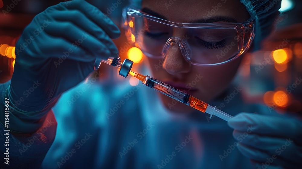 Poster scientist preparing injection in lab.