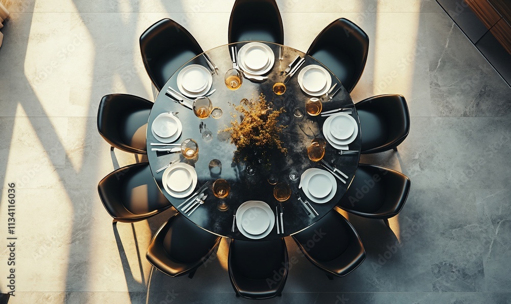 Poster A modern dining table set for a meal with plates and drinks arranged.
