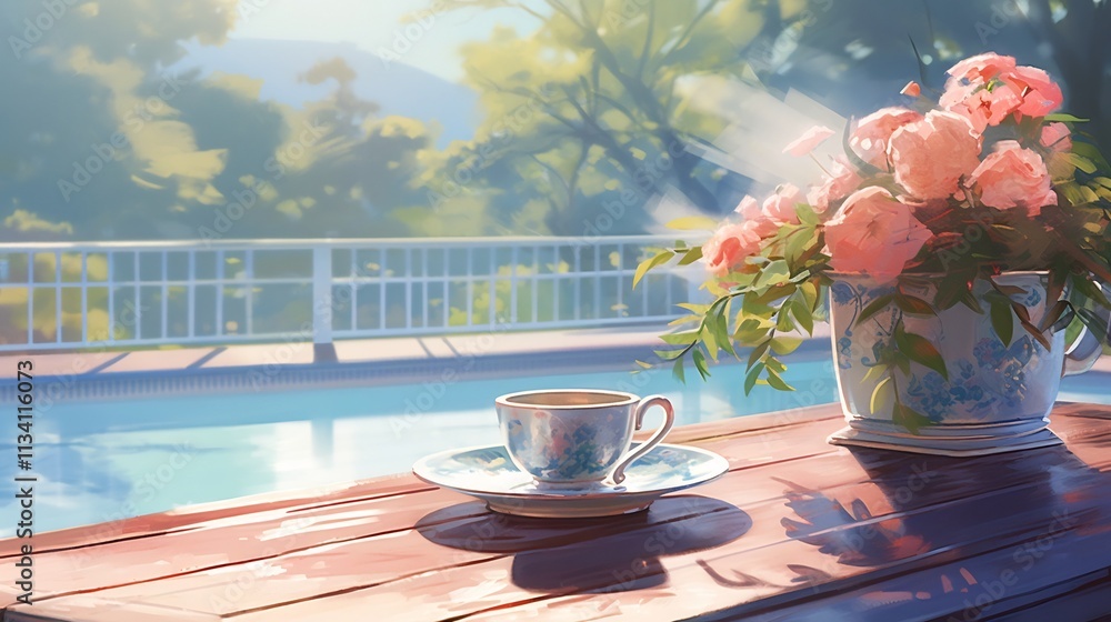 Poster a serene and tranquil start to the day with the soft morning sunlight streaming across the pool and 
