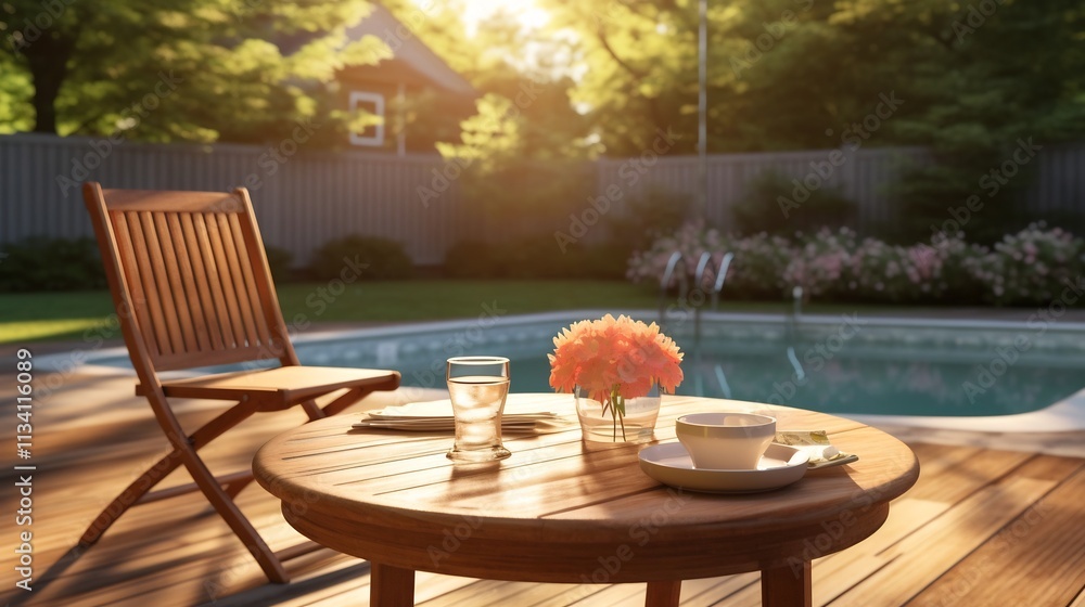 Aufkleber a tranquil and serene morning scene by the pool with soft sunlight filtering through the surrounding