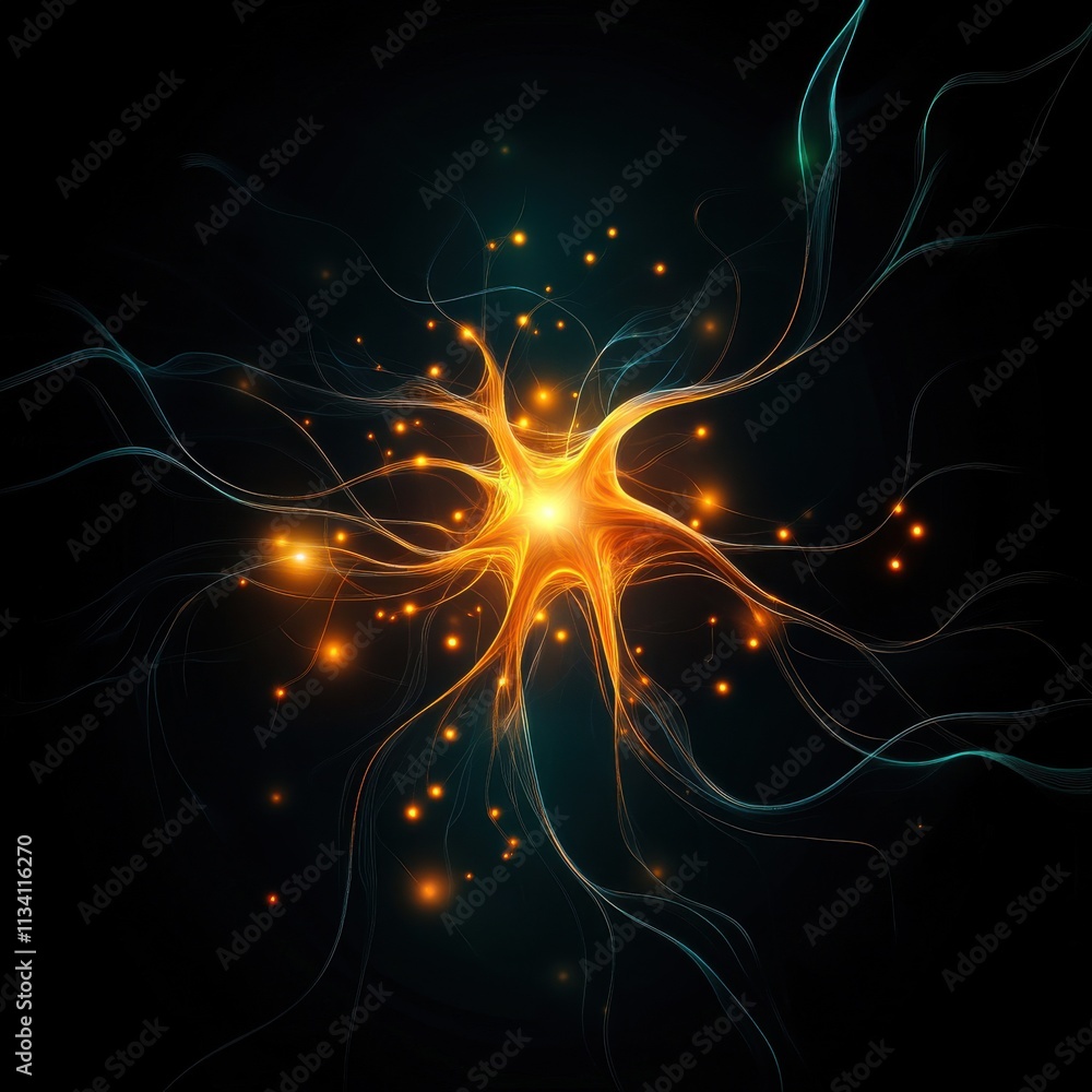 Poster abstract illustration of a glowing star-like structure surrounded by luminous tendrils and particles