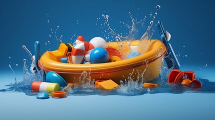 A cheerful and vibrant scene of a child s inflatable pool filled with a variety of colorful toys water splashes and a sense of summertime fun and recreation