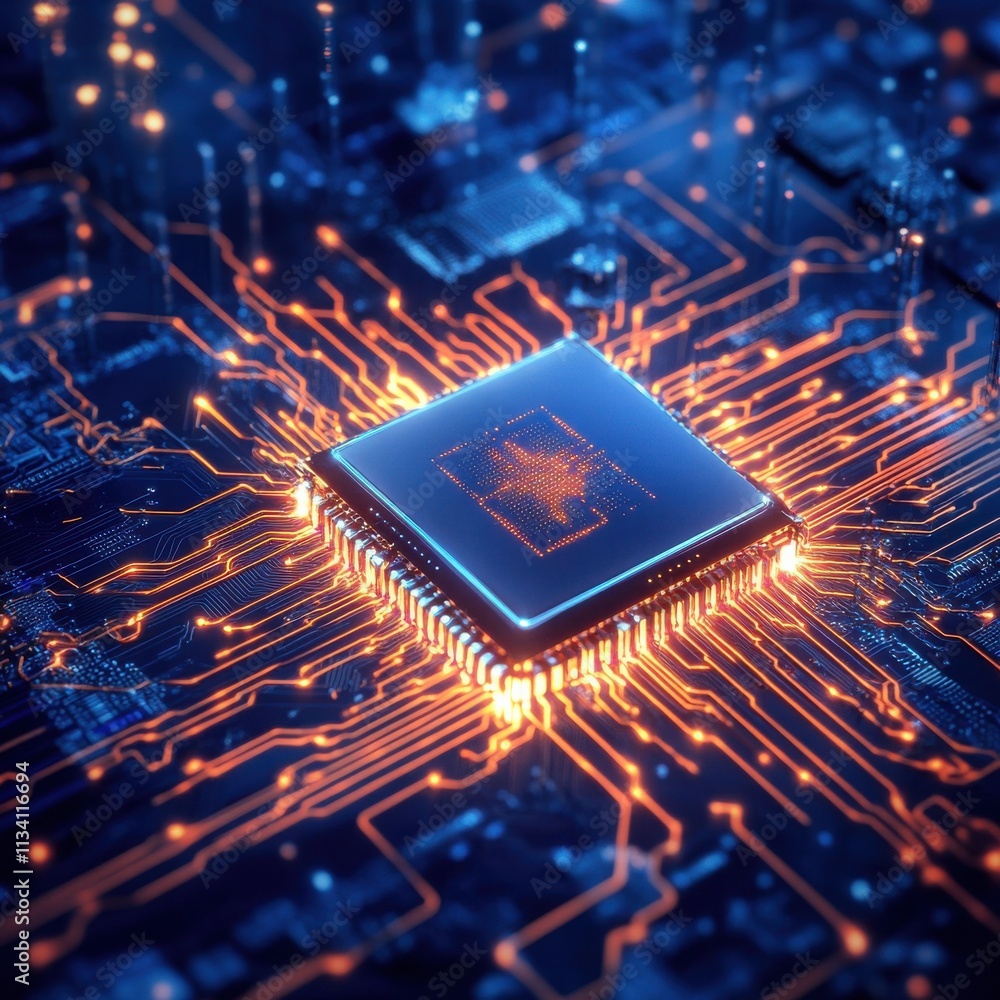 Aufkleber abstract technology close-up of a computer chip surrounded by glowing circuit lines on a dark backgr