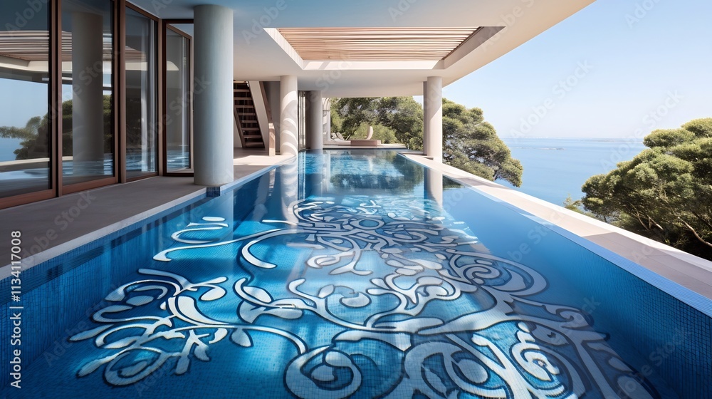 Poster stunning underwater mosaic tiled pool with a captivating geometric design and serene reflections on 