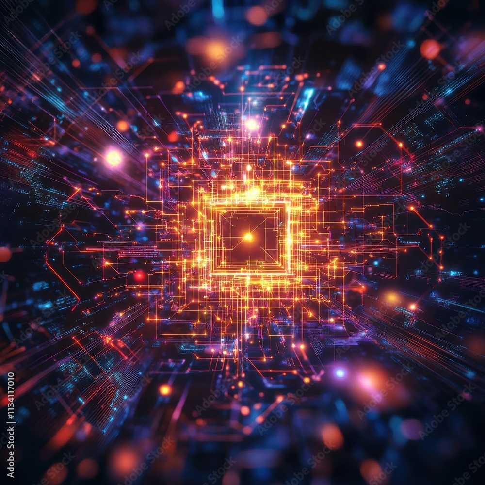 Poster abstract digital technology background with glowing circuitry and lights, representing connectivity,